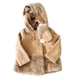 NWT Max Studio Tan Faux Wool & Faux Fur Hooded Coat With Mittens 12 Months